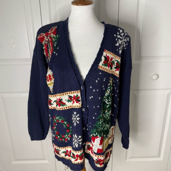 Casual Corner Sweaters - Vintage Casual Corner Blue  Holiday Christmas‎ Cardigan Sweater Large Knit